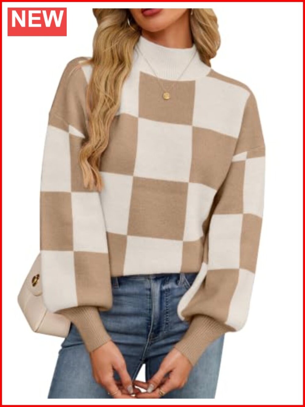Oversized Checkered Mock Neck Knit Pullover Sweater